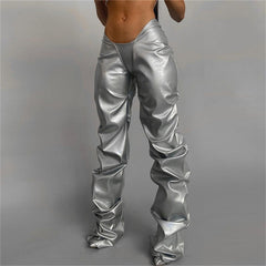 Fashion PU Fake Leather Sexy Low-rise Street Style Straight Casual Trousers