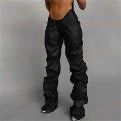 Fashion PU Fake Leather Sexy Low-rise Street Style Straight Casual Trousers