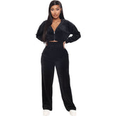 Velvet Tracksuit 2 Two Piece Set Zipper Hoodie Sweatshirt Wide Leg Pant