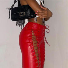 Faux PU High Waist Pants Chic Hollow Out Bandage Sexy Summer Trend Leather Club Trousers Slim Streetwear Punk Harajuku