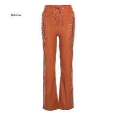 Faux PU High Waist Pants Chic Hollow Out Bandage Sexy Summer Trend Leather Club Trousers Slim Streetwear Punk Harajuku