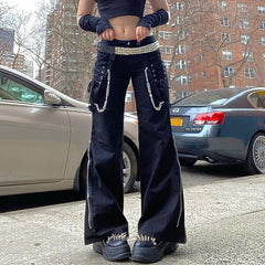 Cargo Pants Dark Academic Techwear Cross Tie Up Low Waist Punk Style Wide Leg Pants