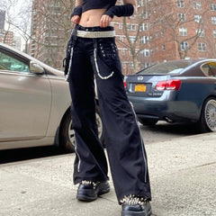 Cargo Pants Dark Academic Techwear Cross Tie Up Low Waist Punk Style Wide Leg Pants