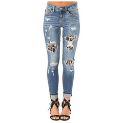 Fashion Women's High Waist Ripped Hole Distressed Leopard Splicing Stretch Denim Pants Skinny Jeans Trousers