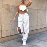 High Waist Hole Ripped White Jeans Y2k Vintage 90s Denim Straight Pants Streetwear Hollow Boyfriend Baggy Denim Trousers