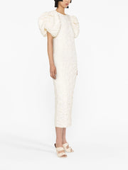 NEUTRAL PUFF SLEEVE JACQUARD MIDI DRESS