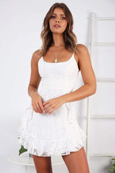 Ruffled Printing Sling Mini Dress V Neck Irregular Party Dress