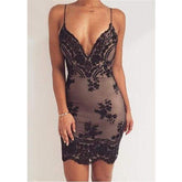 Summer Dress Spaghetti Strap V Neck Sequined Lace Bodycon Dresses Sleeveless Party Evening Vestidos Femme Short Mini Dress