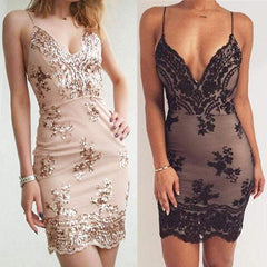 Summer Dress Spaghetti Strap V Neck Sequined Lace Bodycon Dresses Sleeveless Party Evening Vestidos Femme Short Mini Dress