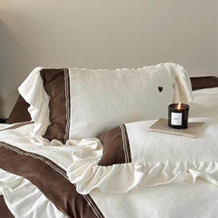 Velvet Heart Embroidery Ruffle Bedding Set - Chocolate Brown