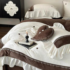Velvet Heart Embroidery Ruffle Bedding Set - Chocolate Brown