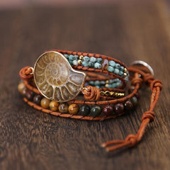 Natural Ammonite Fossil Jasper & African Turquoise Wrap Bracelet
