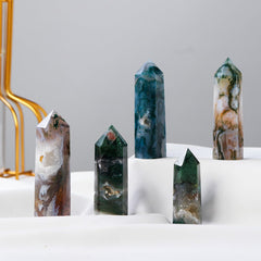 Moss Agate Point Tower Crystal