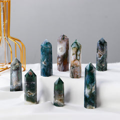 Moss Agate Point Tower Crystal