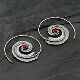 Spiral Feather Hoop Earrings - Red Coral/ Turquoise Stone