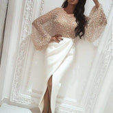 Beaded Patchwork Slit Long Puff Sleeve Formal Gown