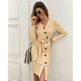 Knitted Sweater Bodycon Dress New Ladies Casual V-neck Button Autumn Winter Elegant Jumper Dress