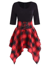 Lace Up Plaid Asymmetrical Dress O-Neck