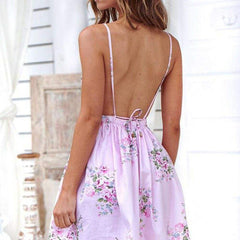 Ladies Backless Boho Floral Strappy Dress Summer Holiday Casual Beach Sleeveless V-Neck Sundress