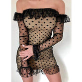 Ladies See-through Base Dress Flared Long Sleeve Off-shoulder Polka Dots Printed Short Mini Dress
