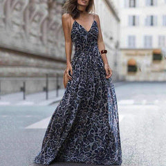Leopard Print Sleeveless Maxi Long Dress Fashion Ladies Party V Neck Summer Beach Dress Sundress