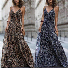 Leopard Print Sleeveless Maxi Long Dress Fashion Ladies Party V Neck Summer Beach Dress Sundress
