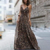 Leopard Print Sleeveless Maxi Long Dress Fashion Ladies Party V Neck Summer Beach Dress Sundress
