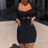 Long Sleeve Drawstring V Neck Mini Dress Ladies Casual Square Collar Party Bodycon Slim Fit Dress Clubwear
