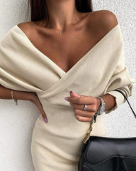 Long Sleeve Winter Dress Solid Off Shoulder Tight Waist Dress