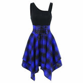 Sleeveless Cold Shoulder Cross Lace Up Plaid Asymmetrical Dress