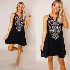 WomenBoho Floral Sleeveless Dress Bohemian Summer Holiday Party Beach Casual Short Mini Dress Sundress