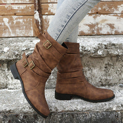 Vintage Buckle Mid-Calf Boots