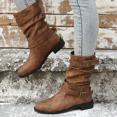 Vintage Buckle Mid-Calf Boots