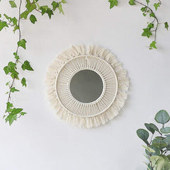 White Macrame Round Mirror