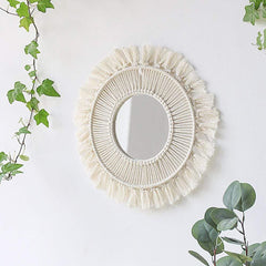 White Macrame Round Mirror