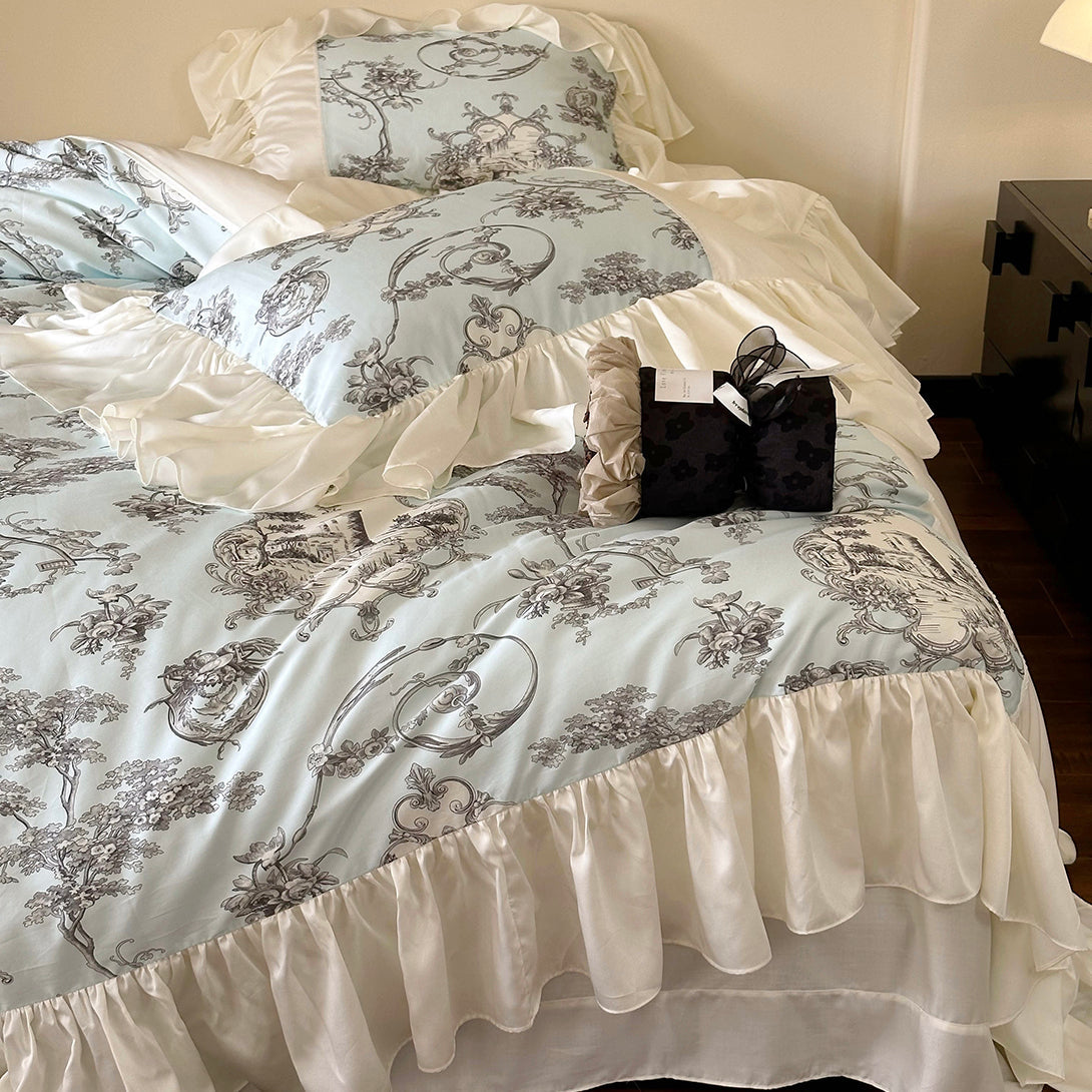 Farmhouse Country Style Silk Lotus Leaf Edge Bedding Set