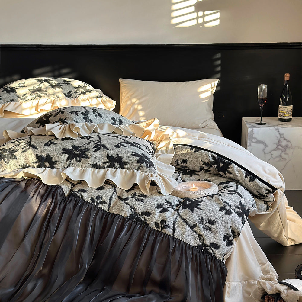 French Romantic Black Ruffled Cotton Duvet Cover