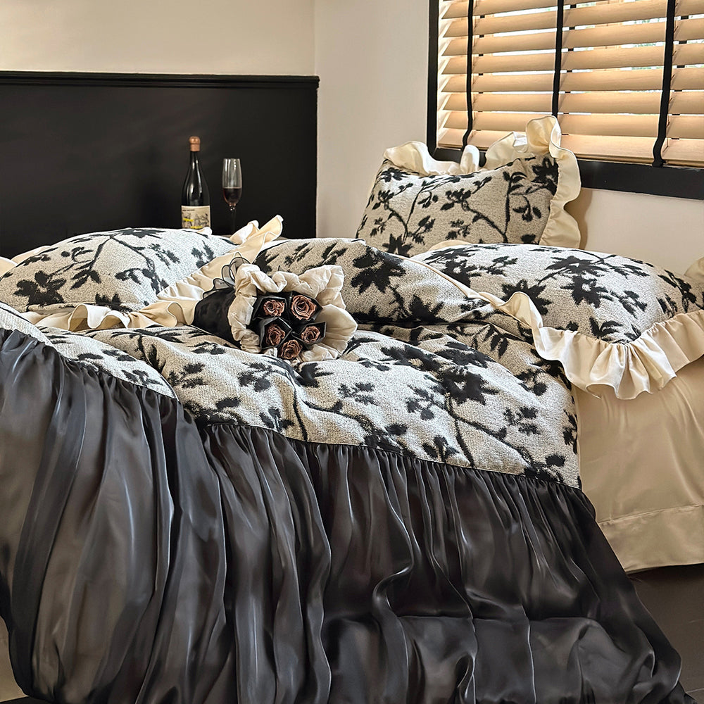 French Romantic Black Ruffled Cotton Duvet Cover