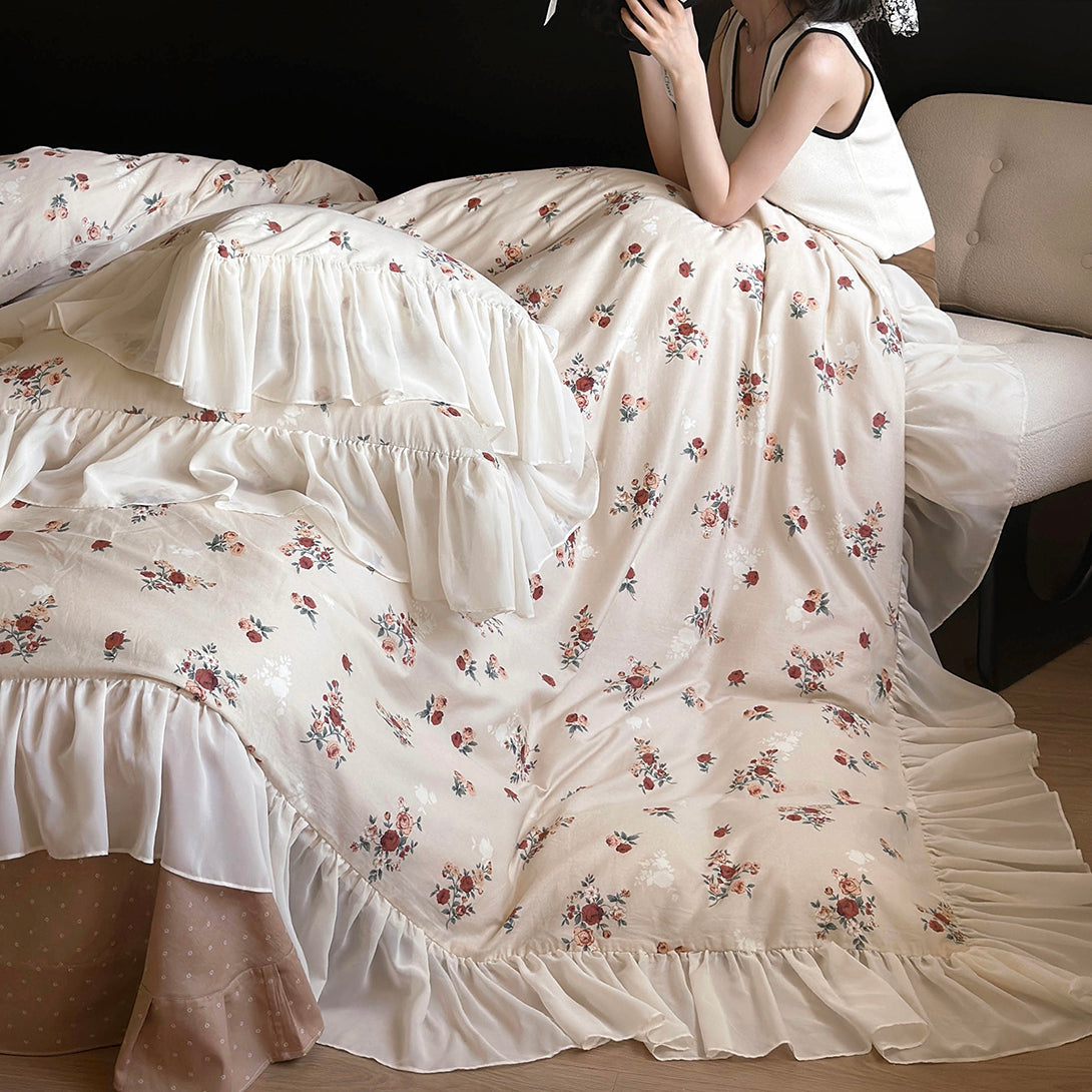 Vintage Rose Cotton Lotus Leaf Edge Bedding Set