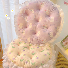 Cartoon Animal Flowers lace-edged round cushion