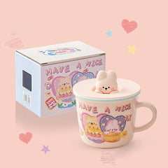 Cartoon Bear Bunny Ceramics Mug With Lid