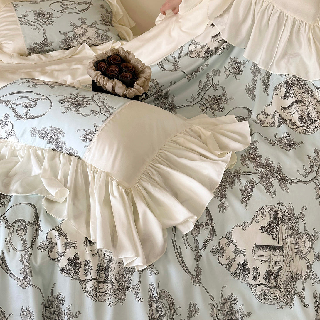 Farmhouse Country Style Silk Lotus Leaf Edge Bedding Set