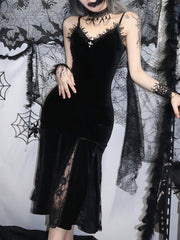 Spaghetti Strap Backless Velvet Gothic Cross Black Lace Patchwork Maxi Dress
