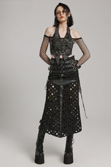 WomenCross Hollowed Tattered Punching Slit Rock Letter Buckle Adjustable Eyelet Half Skirt