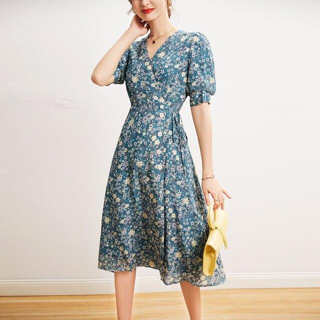 V Neck Short Sleeves Printed Buttons Lace Up Fashion Dress