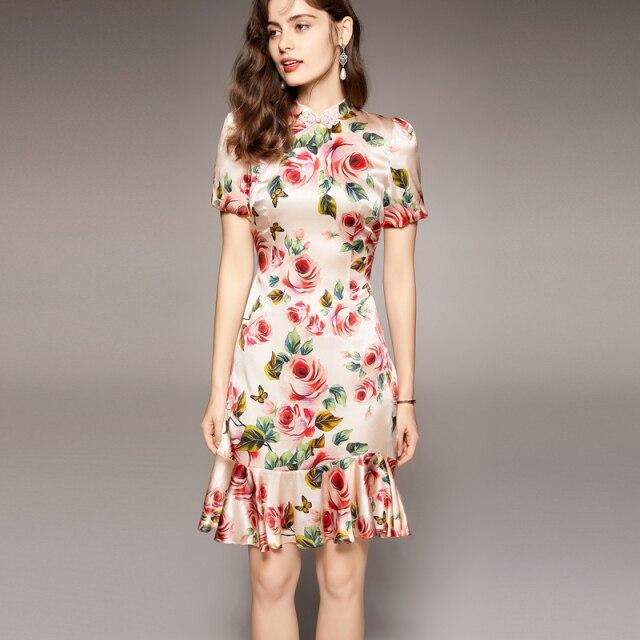 Vintage Stand Collar Short Sleeves Floral Printed Ruffles Elegant Dress Vestidos