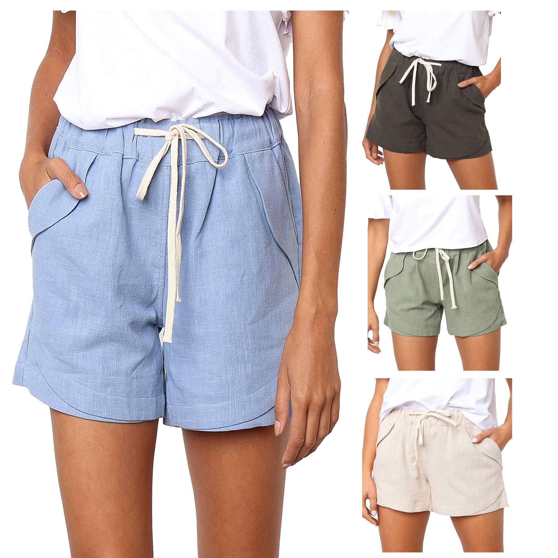 WomenLinen Casual Drawstring Elastic Waist Pocket Shorts