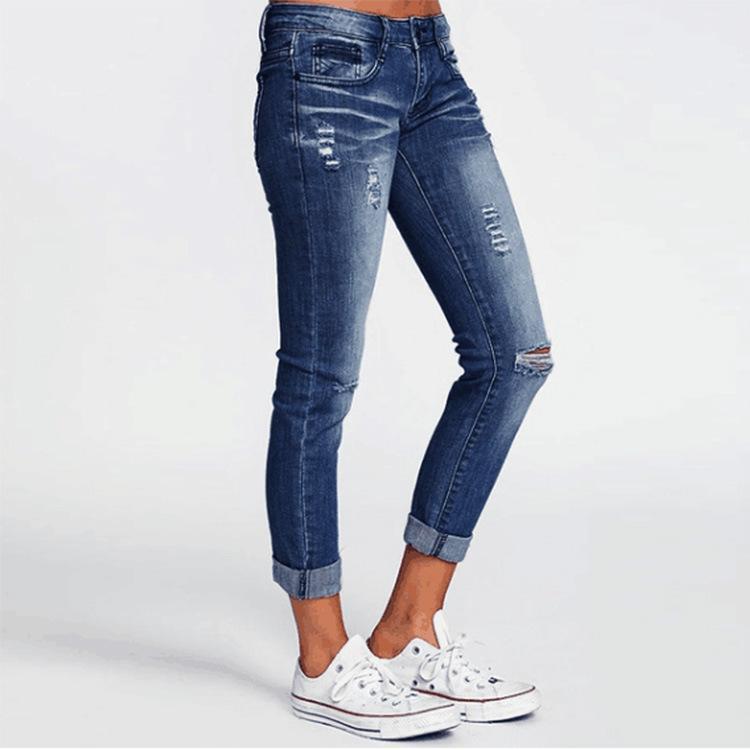 WomenMid Rise Light Wash Knee Ripped Cropped Jeans