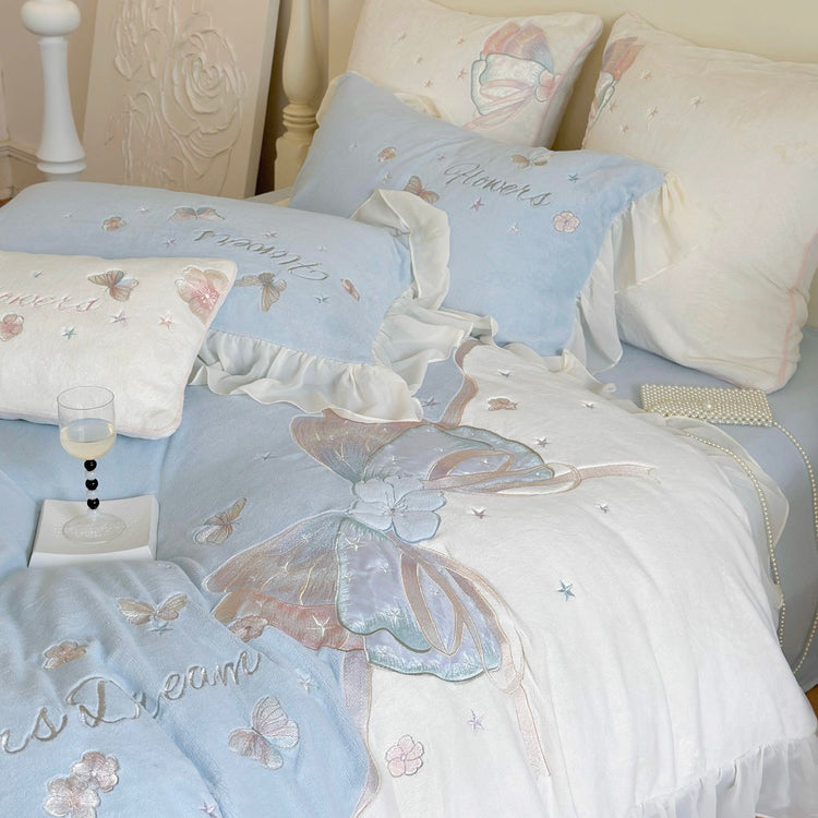 Butterfly Embroidery Milk Velvet Autumn/Winter Duvet Cover Set