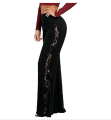 Womenblack side lace patchwork pants wide leg flare pants